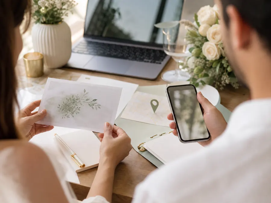 Pareja organizando detalles de boda con invitación digital