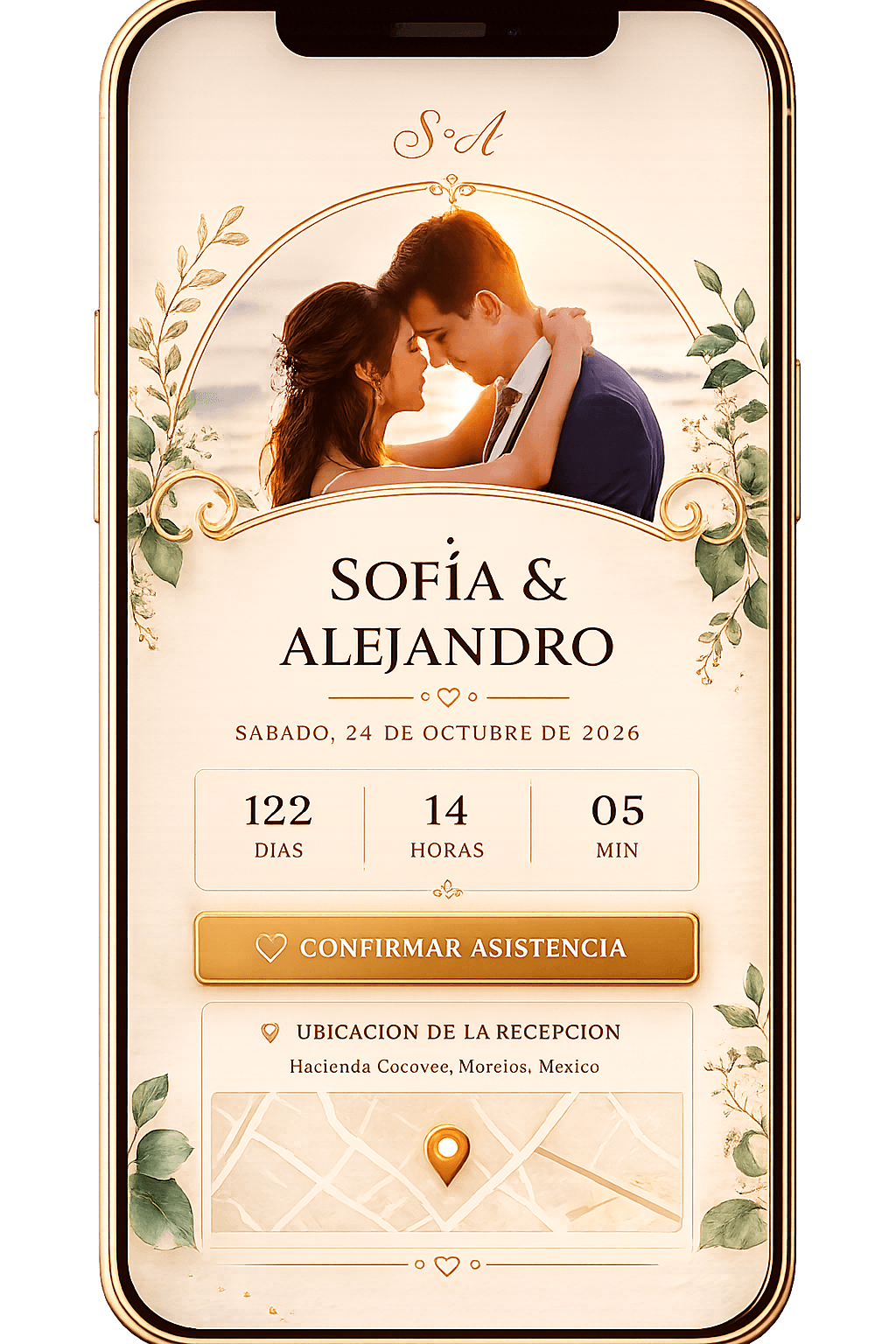 Mockup de invitación digital de boda en celular